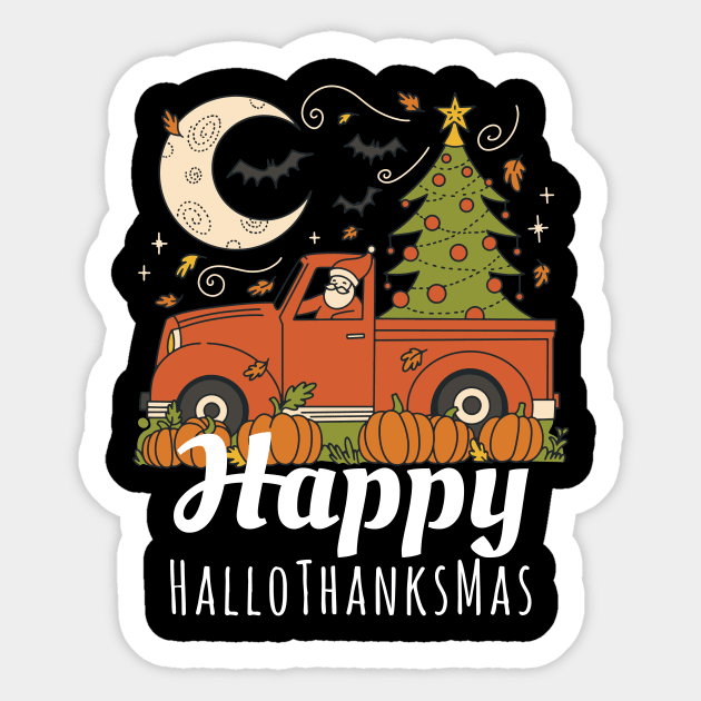 Happy HalloThanksMas Santa in Red Christmas Truck Bats Moon Sticker by Little Duck Designs